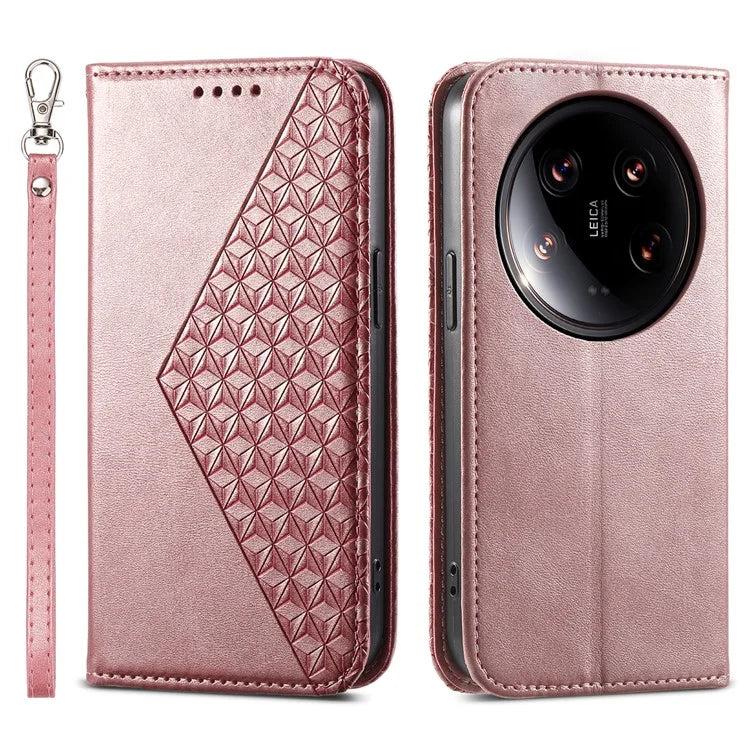 For Xiaomi 14 Ultra Case PU Leather Rhombus Imprinted Pattern Wallet Phone Cover
