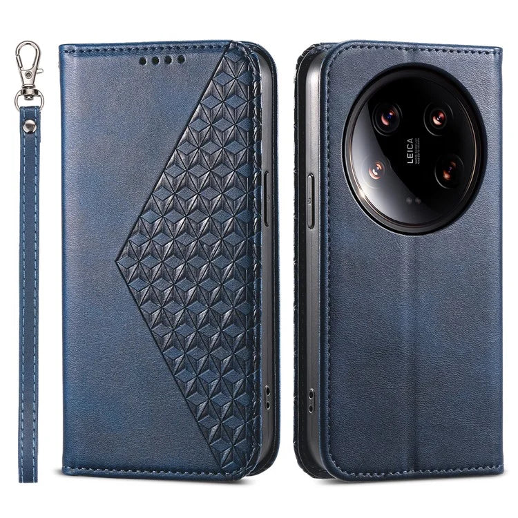 For Xiaomi 14 Ultra Case PU Leather Rhombus Imprinted Pattern Wallet Phone Cover