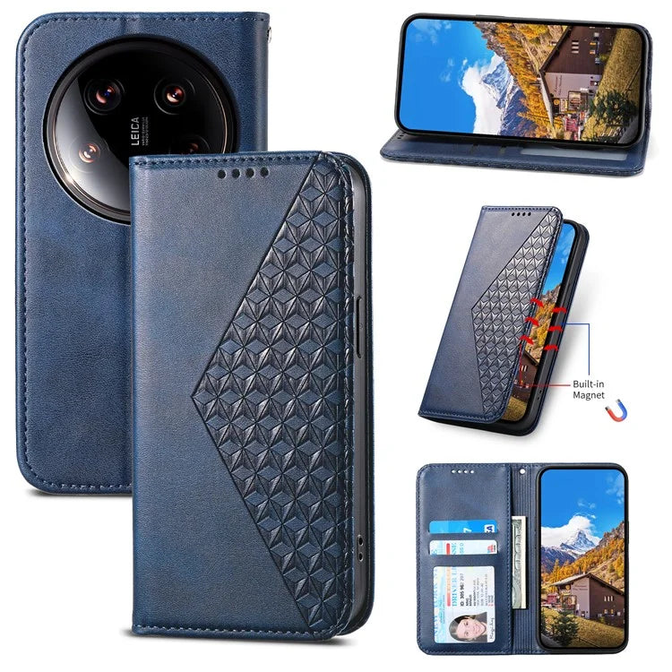 For Xiaomi 14 Ultra Case PU Leather Rhombus Imprinted Pattern Wallet Phone Cover