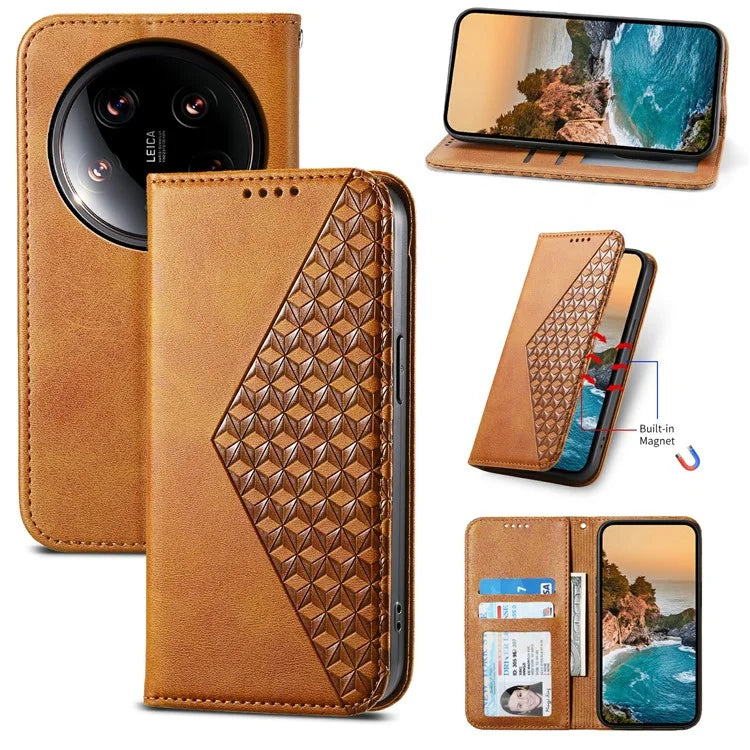 For Xiaomi 14 Ultra Case PU Leather Rhombus Imprinted Pattern Wallet Phone Cover