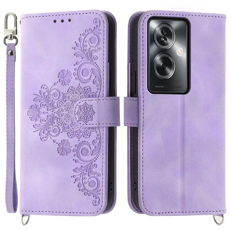 For Oppo A2 5G / A79 5G Wallet Case Flower Pattern PU Leather Wallet Phone Cover with Shoulder Strap