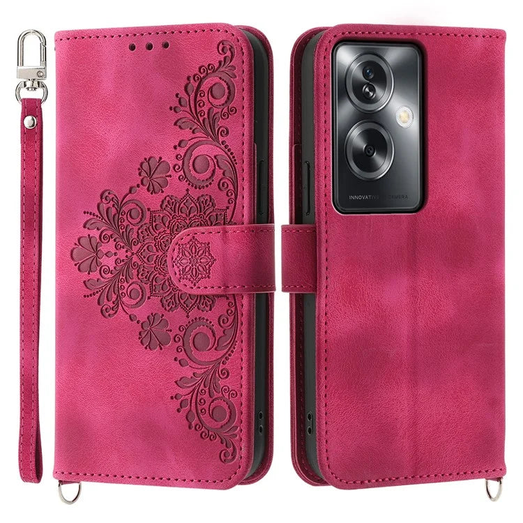 For Oppo A2 5G / A79 5G Wallet Case Flower Pattern PU Leather Wallet Phone Cover with Shoulder Strap