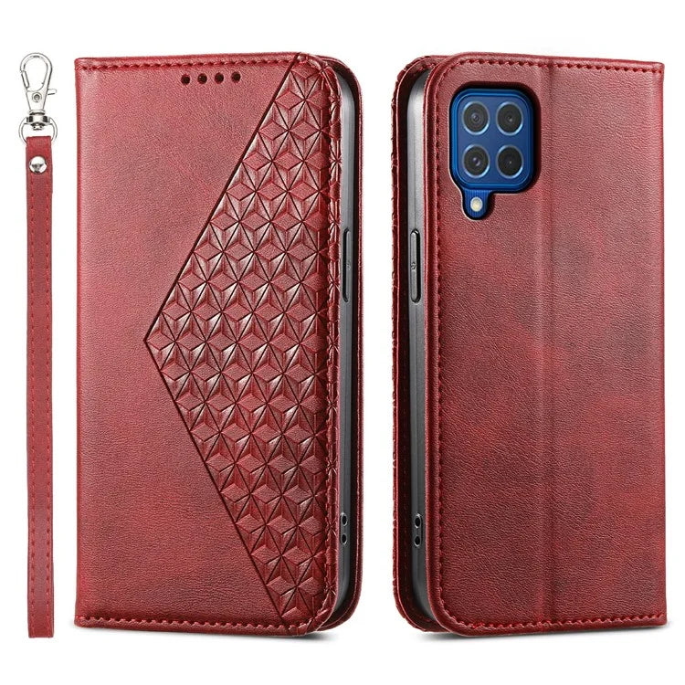For Samsung Galaxy M62 Wallet Phone Case Rhombus Imprinted Pattern PU Leather Flip Cover