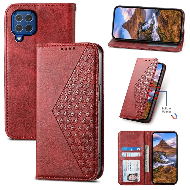 For Samsung Galaxy M62 Wallet Phone Case Rhombus Imprinted Pattern PU Leather Flip Cover