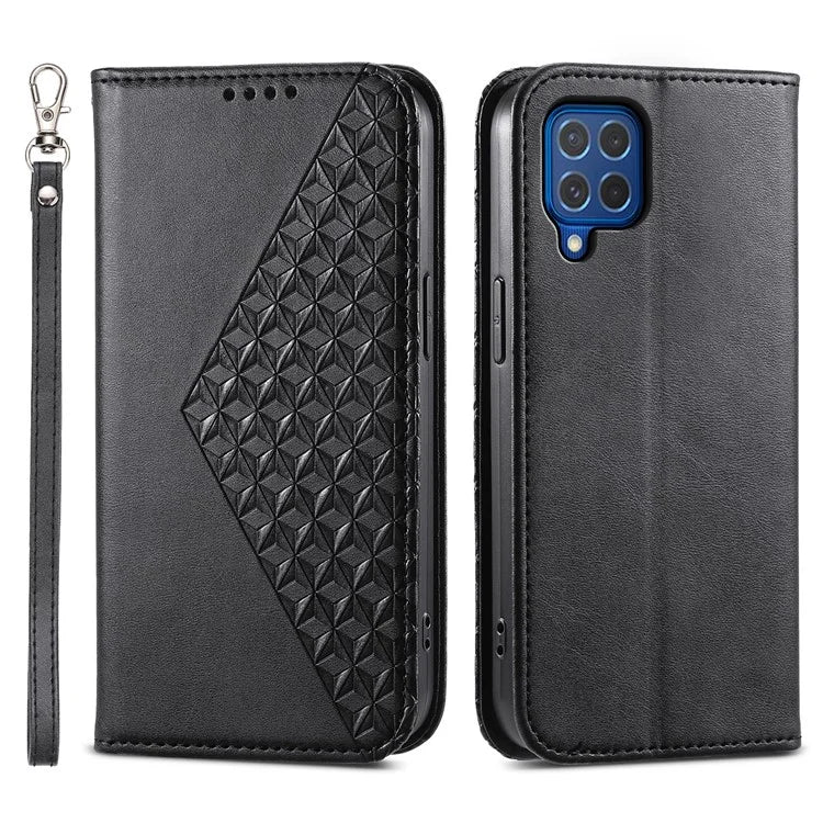 For Samsung Galaxy M62 Wallet Phone Case Rhombus Imprinted Pattern PU Leather Flip Cover