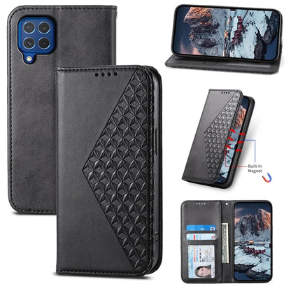 For Samsung Galaxy M62 Wallet Phone Case Rhombus Imprinted Pattern PU Leather Flip Cover