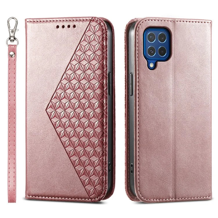 For Samsung Galaxy M62 Wallet Phone Case Rhombus Imprinted Pattern PU Leather Flip Cover