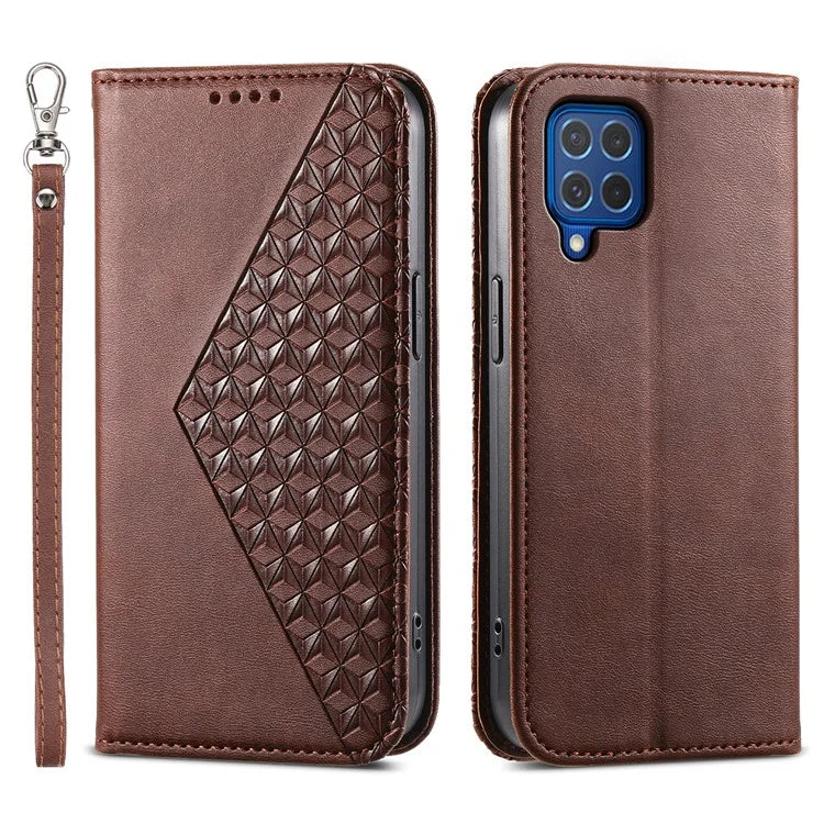 For Samsung Galaxy M62 Wallet Phone Case Rhombus Imprinted Pattern PU Leather Flip Cover