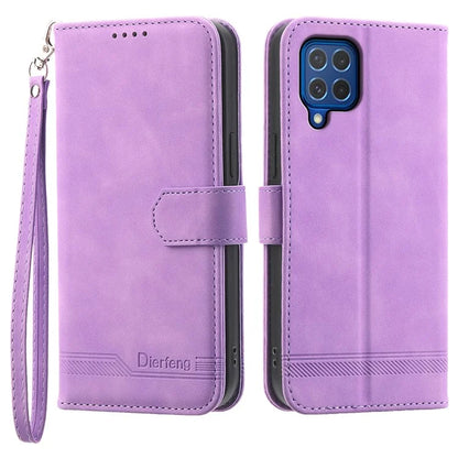 DIERFENG DF-03 Leather Cover for Samsung Galaxy M62 Case Lines Imprinted Wallet Stand Shell