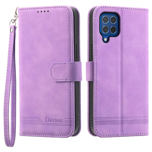 DIERFENG DF-03 Leather Cover for Samsung Galaxy M62 Case Lines Imprinted Wallet Stand Shell