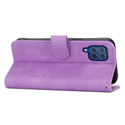 DIERFENG DF-03 Leather Cover for Samsung Galaxy M62 Case Lines Imprinted Wallet Stand Shell