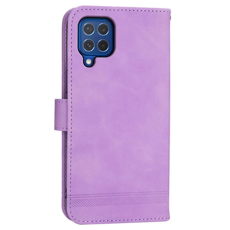 DIERFENG DF-03 Leather Cover for Samsung Galaxy M62 Case Lines Imprinted Wallet Stand Shell