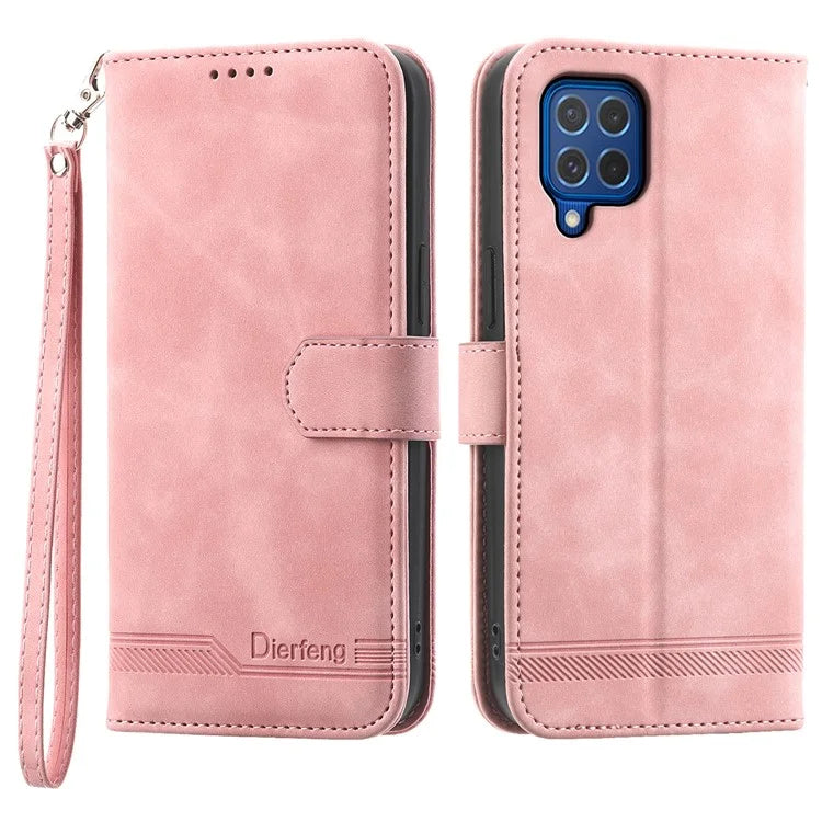 DIERFENG DF-03 Leather Cover for Samsung Galaxy M62 Case Lines Imprinted Wallet Stand Shell