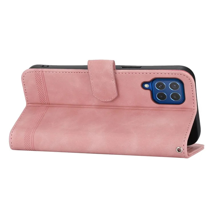 DIERFENG DF-03 Leather Cover for Samsung Galaxy M62 Case Lines Imprinted Wallet Stand Shell