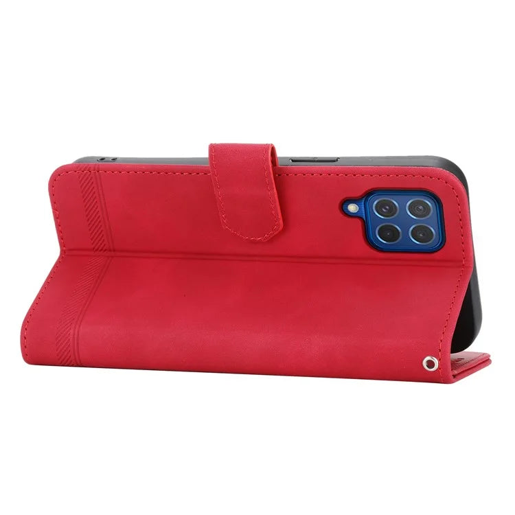 DIERFENG DF-03 Leather Cover for Samsung Galaxy M62 Case Lines Imprinted Wallet Stand Shell