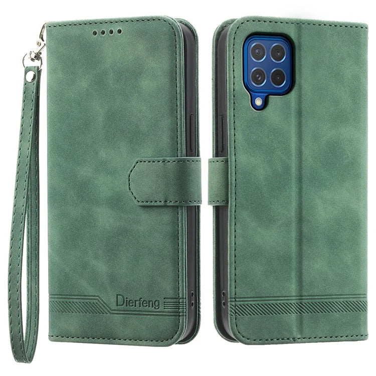 DIERFENG DF-03 Leather Cover for Samsung Galaxy M62 Case Lines Imprinted Wallet Stand Shell