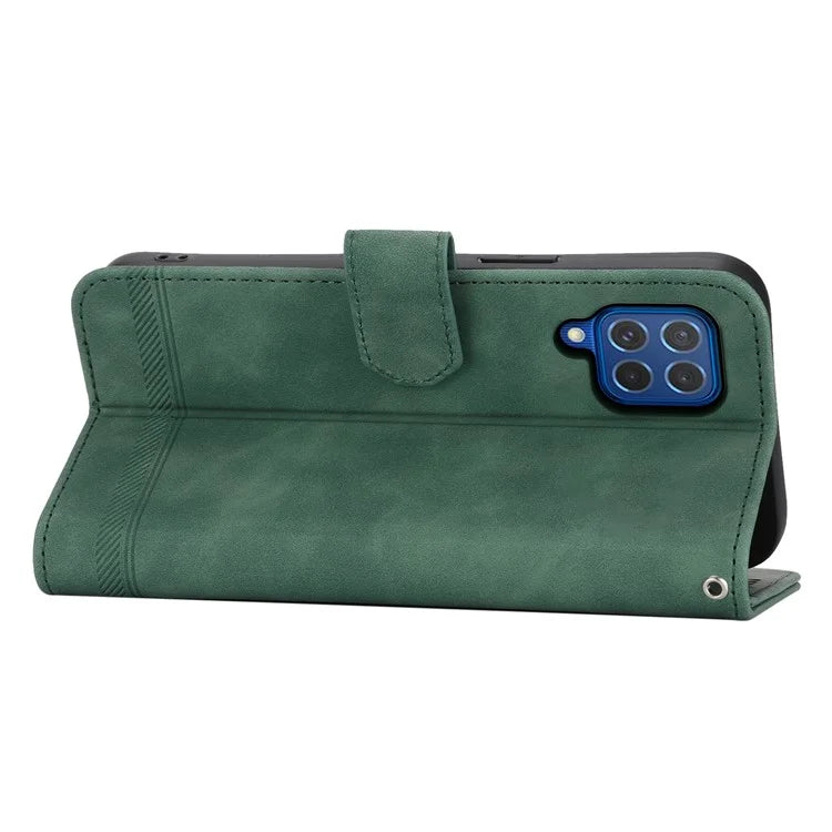DIERFENG DF-03 Leather Cover for Samsung Galaxy M62 Case Lines Imprinted Wallet Stand Shell