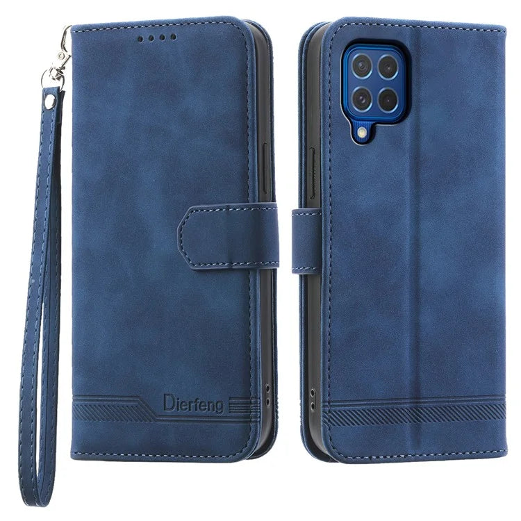 DIERFENG DF-03 Leather Cover for Samsung Galaxy M62 Case Lines Imprinted Wallet Stand Shell