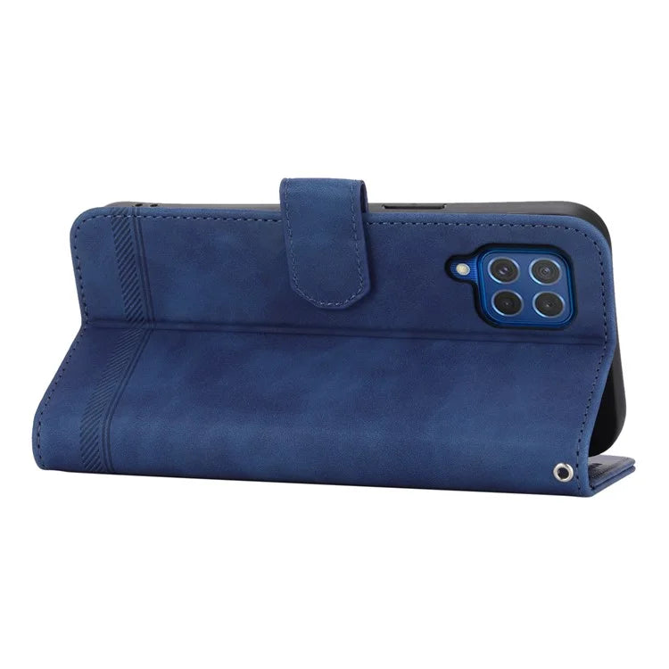 DIERFENG DF-03 Leather Cover for Samsung Galaxy M62 Case Lines Imprinted Wallet Stand Shell