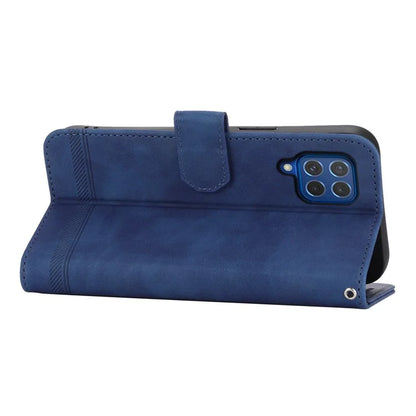DIERFENG DF-03 Leather Cover for Samsung Galaxy M62 Case Lines Imprinted Wallet Stand Shell
