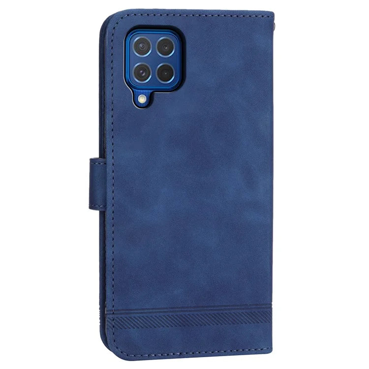 DIERFENG DF-03 Leather Cover for Samsung Galaxy M62 Case Lines Imprinted Wallet Stand Shell