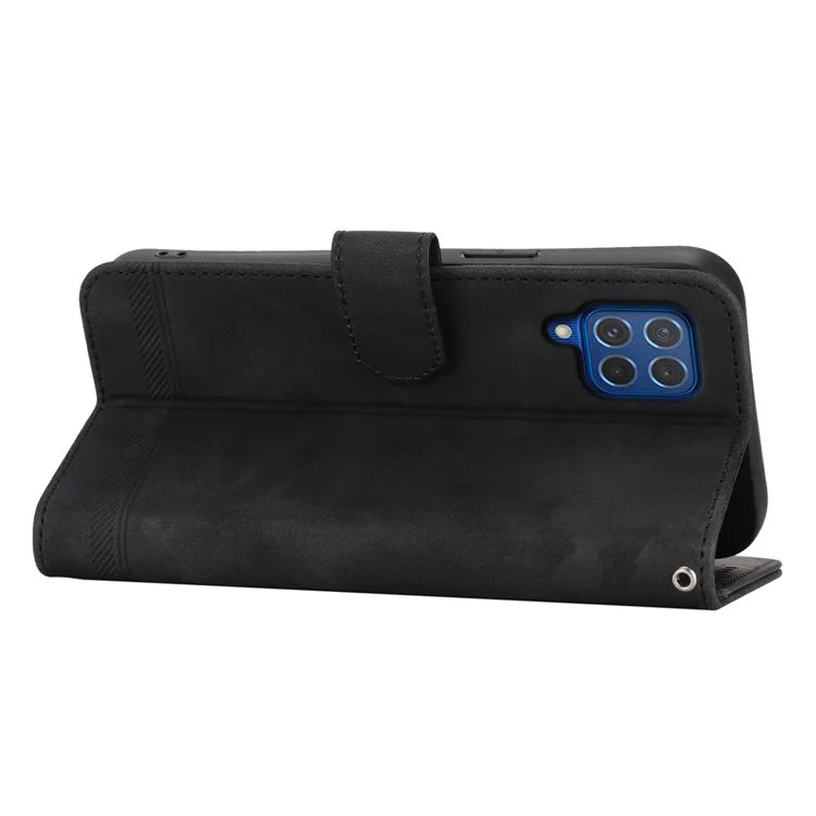 DIERFENG DF-03 Leather Cover for Samsung Galaxy M62 Case Lines Imprinted Wallet Stand Shell