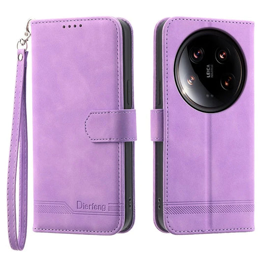 DIERFENG DF-03 Wallet Case for Xiaomi 14 Ultra Phone Shell Lines Imprinted Flip Stand Cover
