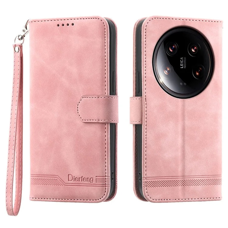 DIERFENG DF-03 Wallet Case for Xiaomi 14 Ultra Phone Shell Lines Imprinted Flip Stand Cover
