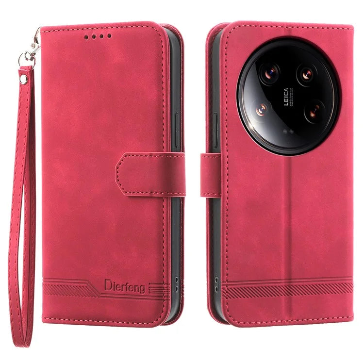 DIERFENG DF-03 Wallet Case for Xiaomi 14 Ultra Phone Shell Lines Imprinted Flip Stand Cover