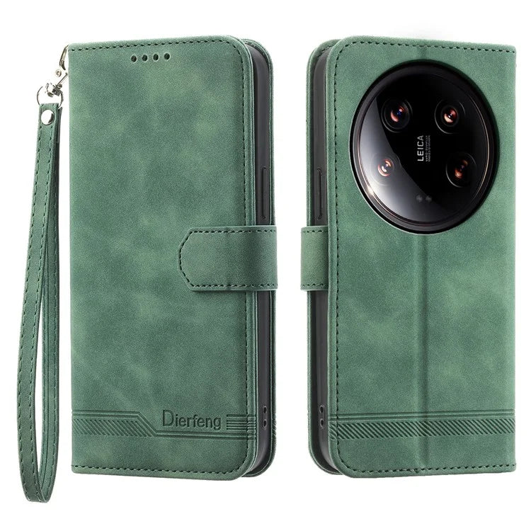 DIERFENG DF-03 Wallet Case for Xiaomi 14 Ultra Phone Shell Lines Imprinted Flip Stand Cover
