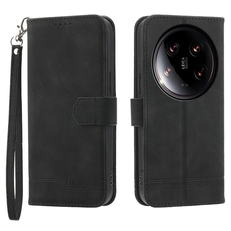 DIERFENG DF-03 Wallet Case for Xiaomi 14 Ultra Phone Shell Lines Imprinted Flip Stand Cover