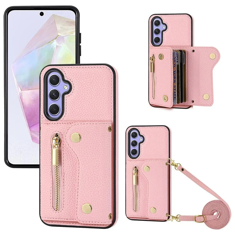 DF-09 Wallet Case for Samsung Galaxy A35 5G Scratch Resistant Crossbody Card Holder Cover