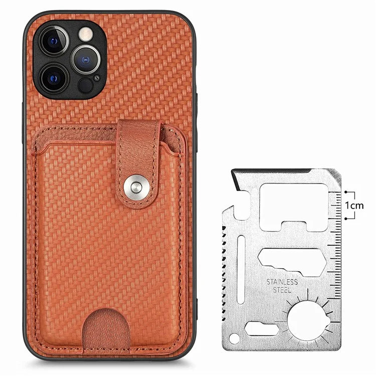 C1-06 For iPhone 12 Pro Max 6.7 inch Cover Leather+TPU+PC Card Holder Phone Case with Card Knife Tool