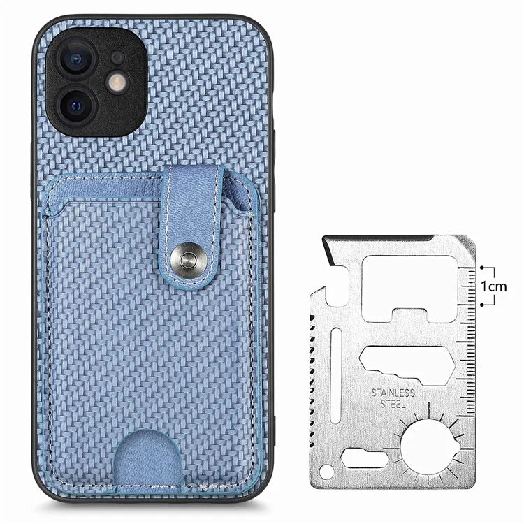 C1-06 For iPhone 12 6.1 inch Case Card Holder Leather Coated Phone Cover with Card Knife Tool