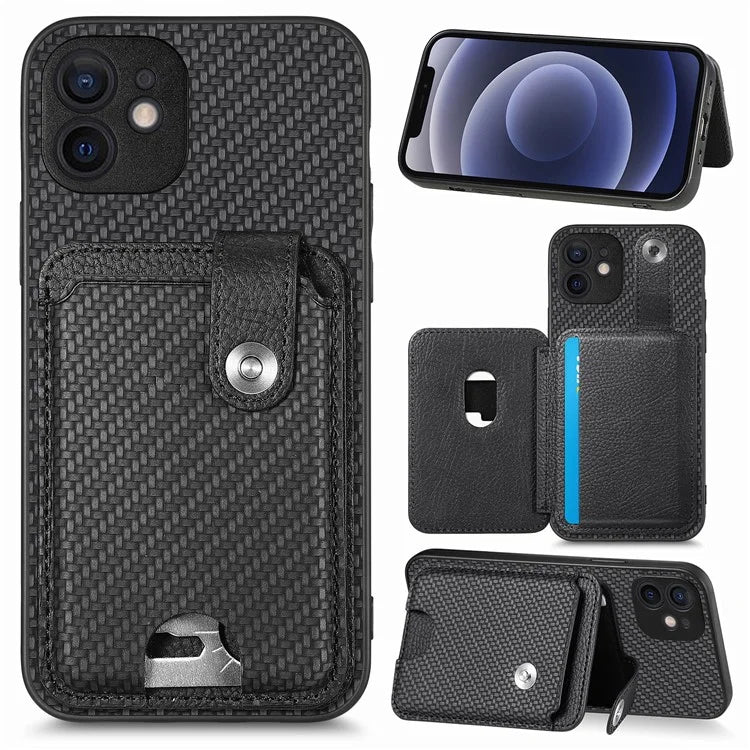 C1-06 For iPhone 12 6.1 inch Case Card Holder Leather Coated Phone Cover with Card Knife Tool