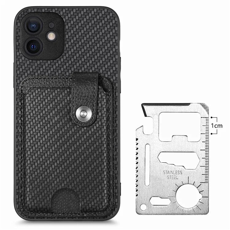 C1-06 For iPhone 12 6.1 inch Case Card Holder Leather Coated Phone Cover with Card Knife Tool
