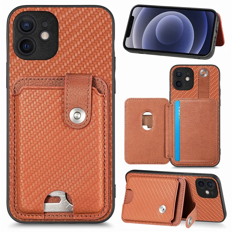 C1-06 For iPhone 12 6.1 inch Case Card Holder Leather Coated Phone Cover with Card Knife Tool