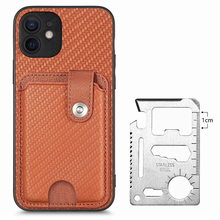 C1-06 For iPhone 12 6.1 inch Case Card Holder Leather Coated Phone Cover with Card Knife Tool