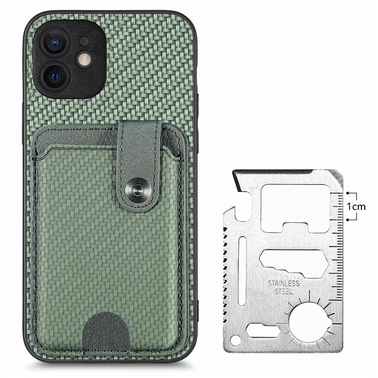 C1-06 For iPhone 12 6.1 inch Case Card Holder Leather Coated Phone Cover with Card Knife Tool
