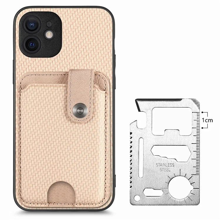 C1-06 For iPhone 12 6.1 inch Case Card Holder Leather Coated Phone Cover with Card Knife Tool