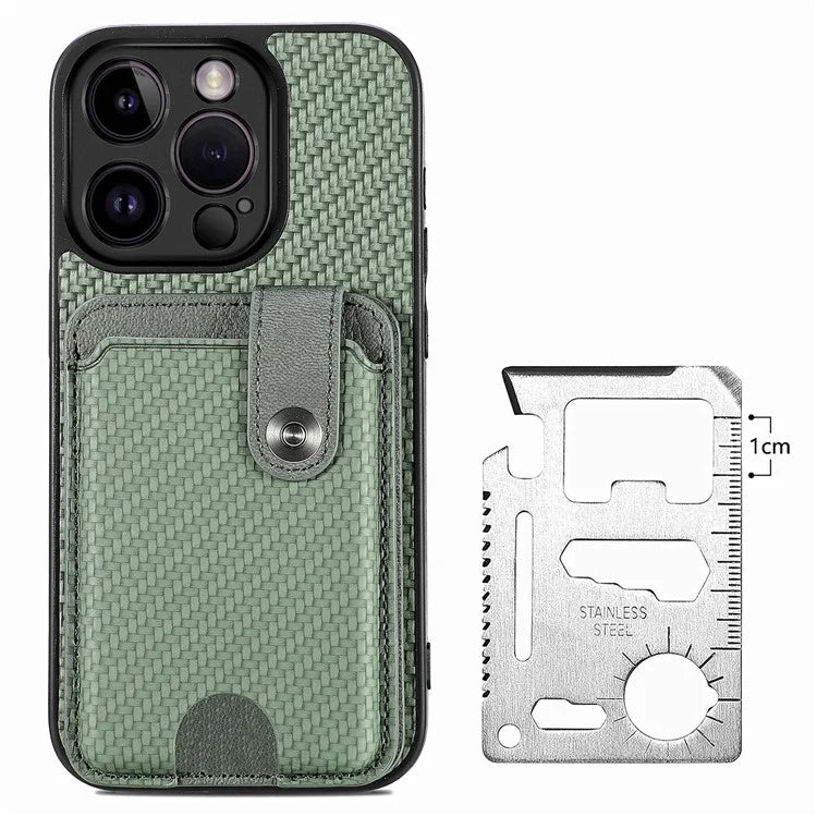 C1-06 For iPhone 13 Pro Max 6.7 inch Cover Carbon Fiber Texture Cell Phone Case with Card Knife Tool