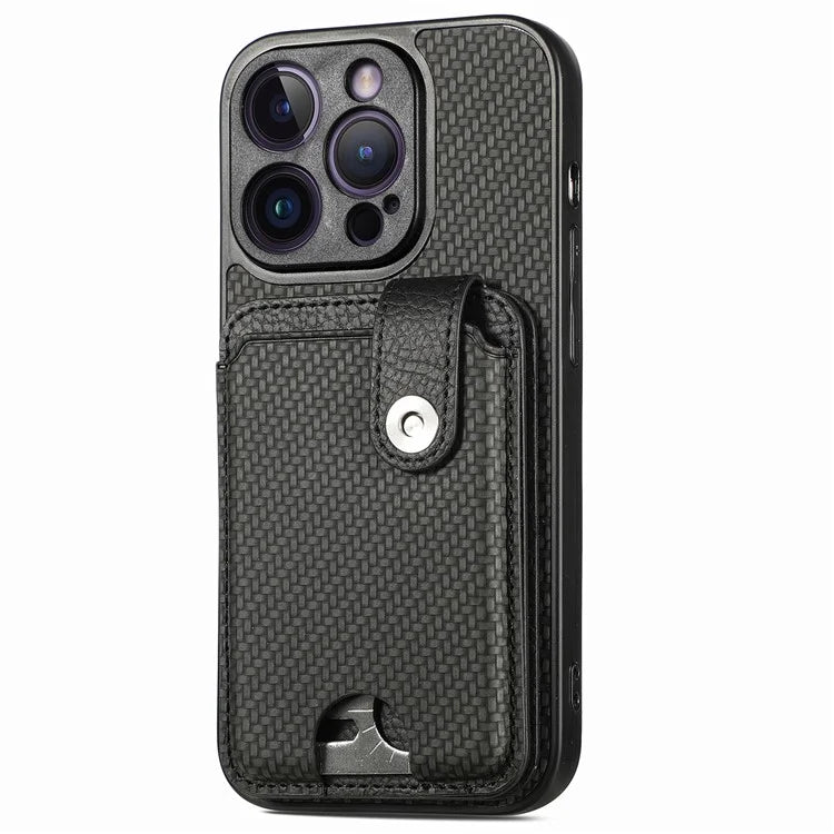 C1-06 For iPhone 14 Pro Max Case Carbon Fiber Texture PC+TPU+PU Phone Cover with Card Knife Tool