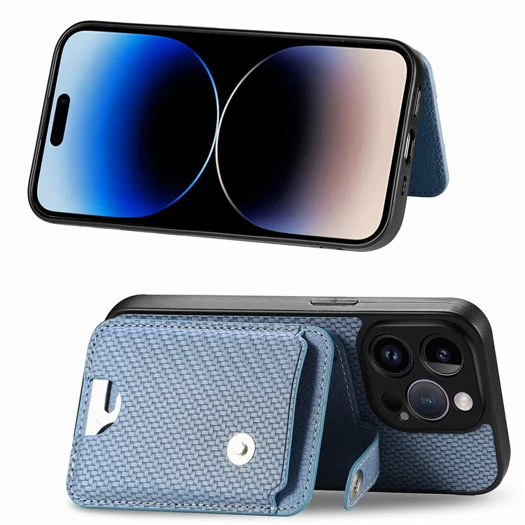 C1-06 For iPhone 14 Pro Max Case Carbon Fiber Texture PC+TPU+PU Phone Cover with Card Knife Tool
