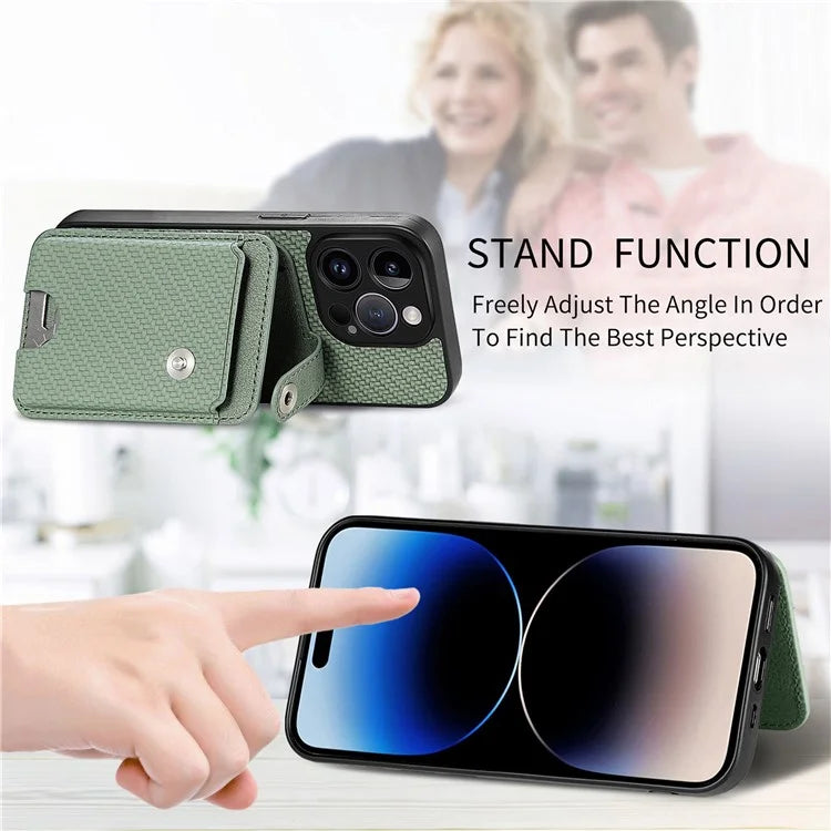 C1-06 For iPhone 14 Pro Max Case Carbon Fiber Texture PC+TPU+PU Phone Cover with Card Knife Tool