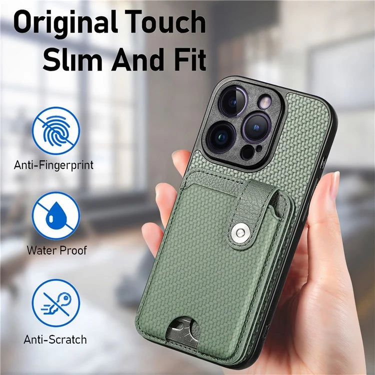 C1-06 For iPhone 14 Pro Max Case Carbon Fiber Texture PC+TPU+PU Phone Cover with Card Knife Tool