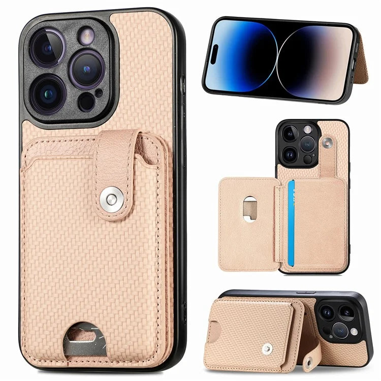 C1-06 For iPhone 14 Pro Max Case Carbon Fiber Texture PC+TPU+PU Phone Cover with Card Knife Tool