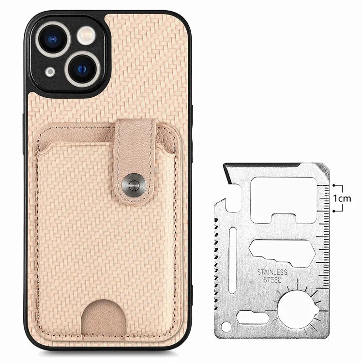 C1-06 For iPhone 14 Carbon Fiber Texture Case Anti-scratch Phone Cover with Card Knife Tool