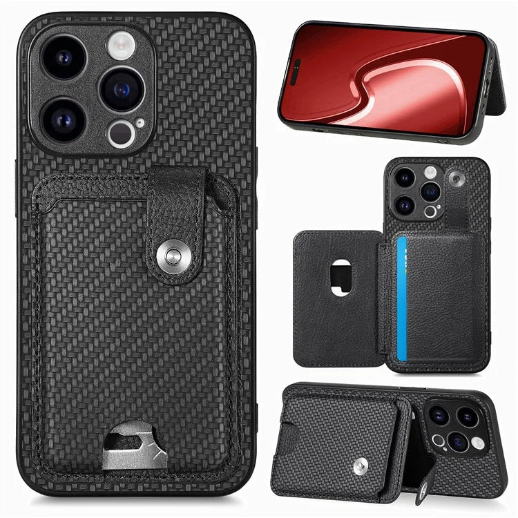 C1-06 For iPhone 15 Pro Max Card Slots Carbon Fiber Texture Phone Cover with Card Knife Tool