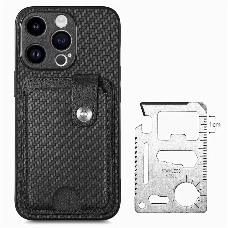 C1-06 For iPhone 15 Pro Max Card Slots Carbon Fiber Texture Phone Cover with Card Knife Tool
