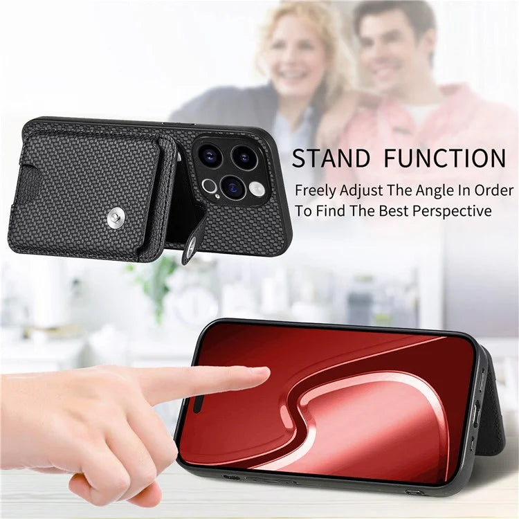 C1-06 For iPhone 15 Pro Max Card Slots Carbon Fiber Texture Phone Cover with Card Knife Tool